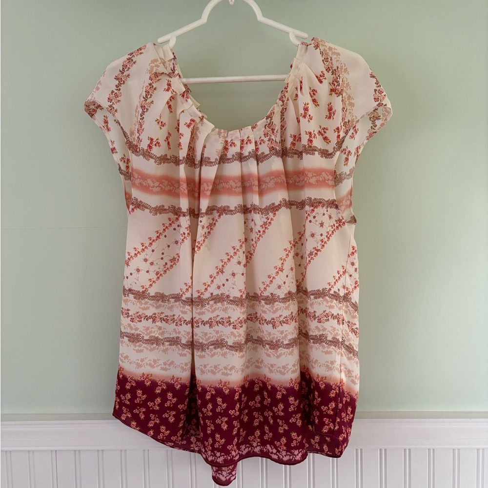 LC Lauren Conrad Pink and Red Ruffled Cap Sleeve Blouse